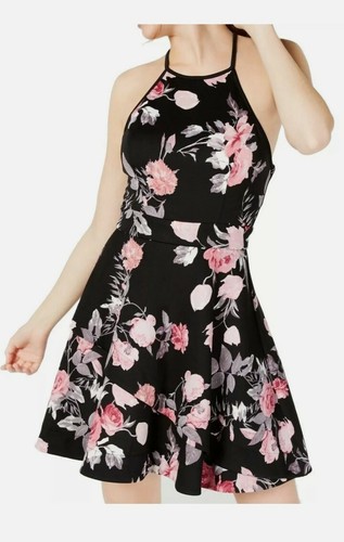 NWT SPEECHLESS 3 S BLACK FLORAL A-LINE SCUBA HIGH NECK FIT FLARE MINI DRESS - 第 1/11 張圖片