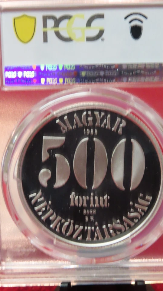 Hungría 1988 Fútbol Europeo Plata 500 Florines Fútbol PCGS PR67 Foto 3 de 4