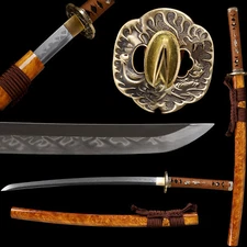 30'' Japanese Sword Wakizashi Real Hamon Clay Tempered L6 Steel Full Tang Sharp