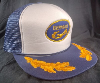Vintage Bermuda Gold Leaf Snapback Trucker Hat Rare Color Scheme White Blue