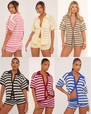 Ladies Stripe Crochet Knitted Women's Top and Shorts Set Short Sleeve button Top