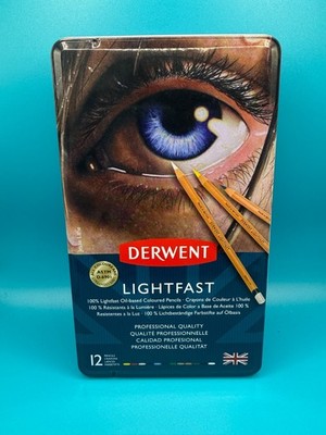 Derwent Lightfast oil-based pencils NEW tin case 12-piece GENUINE