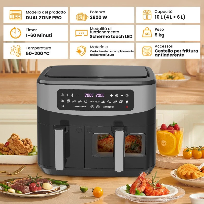 Friggitrice ad Aria Doppio Cestello Capacità 10L 12 Programmi 2800W Dual ZonePro - Immagine 2 di 4