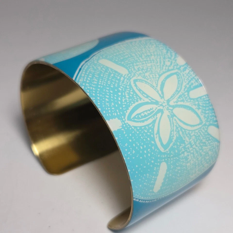 Brazalete MudPie Aqua Turquesa Azul Tono Dorado Grueso Abierto Dólar de Arena Playa Foto 2 de 4