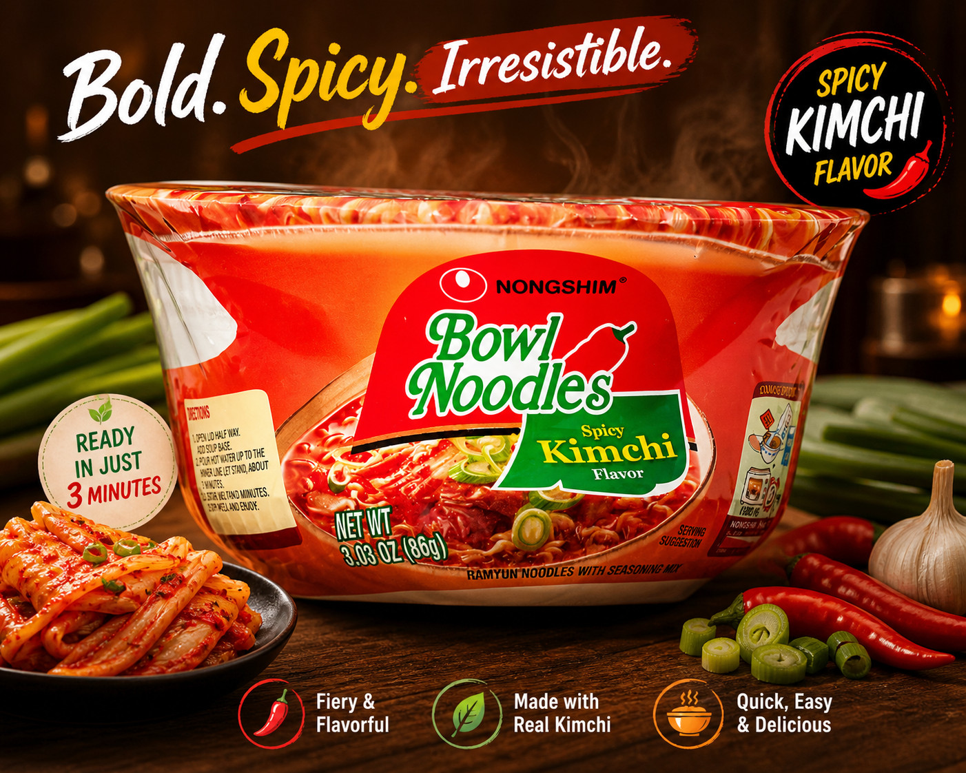 Nongshim Bowl Noodle Spicy Kimchi Ramyun Ramen Noodle Soup Bowl, 3.03oz X 12 CT
