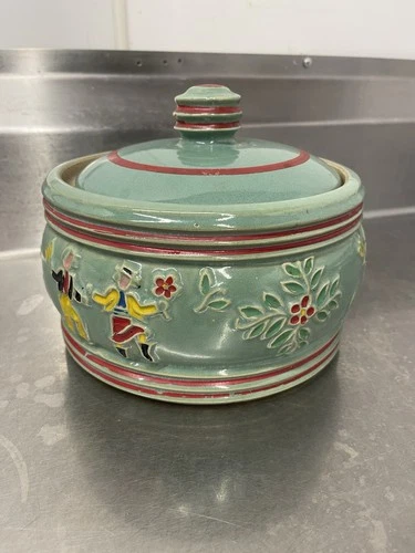 Vintage Red Wing Crock Green Pottery Dancing Peasants Dish W/Lid
