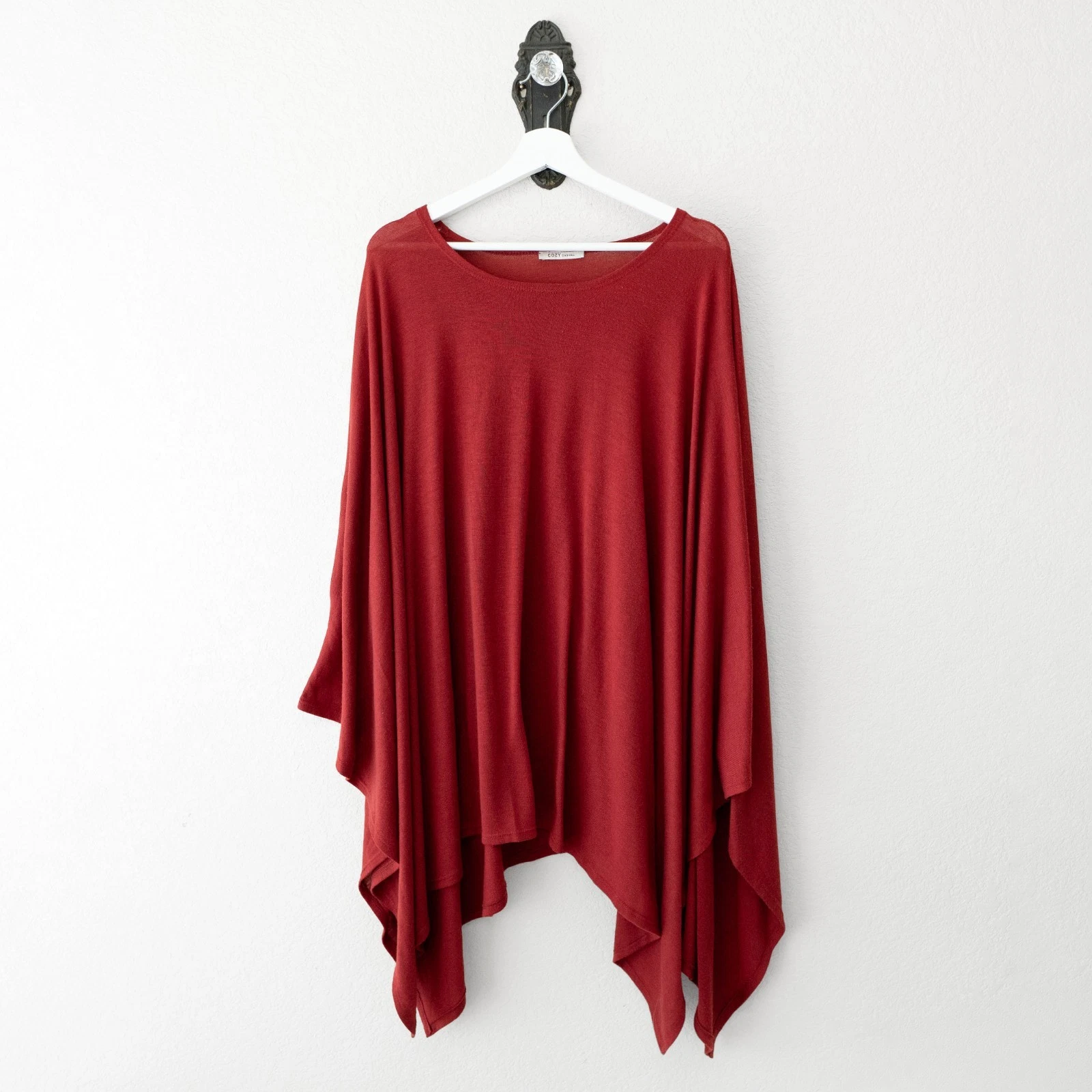 Red Knit Poncho Top Womens One Size Asymmetrical Hem Oversized Boho Drape