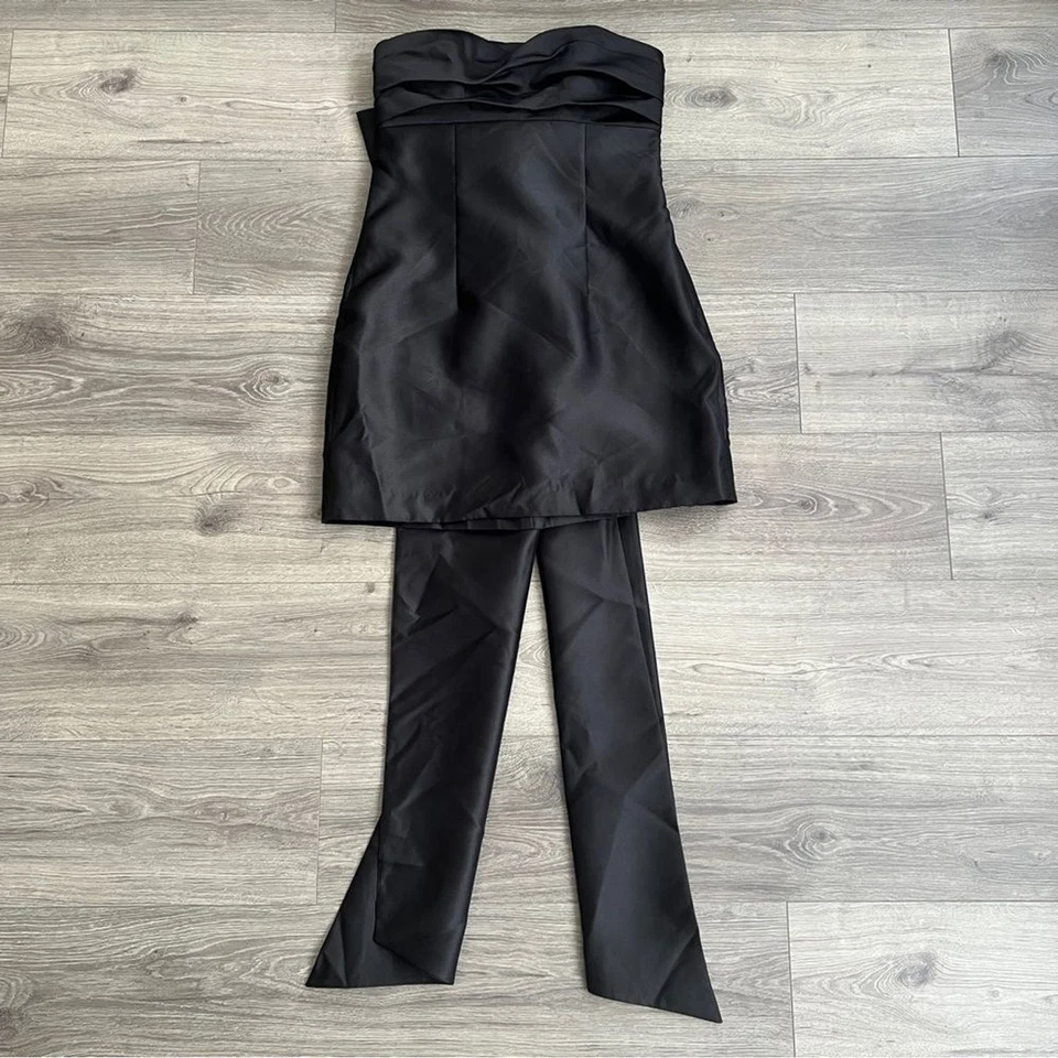 Mini Vestido ALFRED SUNG Aster Sin Tirantes Lazo Grande Talla 10 Negro Satén Sarga Foto 4 de 4