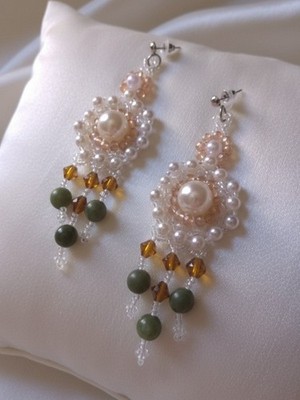 Handcrafted Chandelier Earrings Elegant Pearls Gems Jade Green Natural 