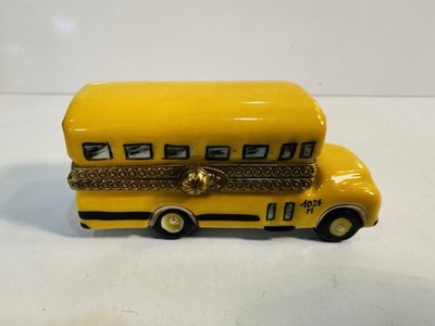 Limoges France Hand Painted Hinged Trinket Box Yellow School Bus