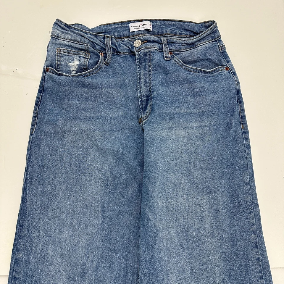 Pantalones de mezclilla para mujer Vanilla Star pierna ancha dobladillo crudo desgastado dobladillo crudo talla 9 azules Foto 2 de 4