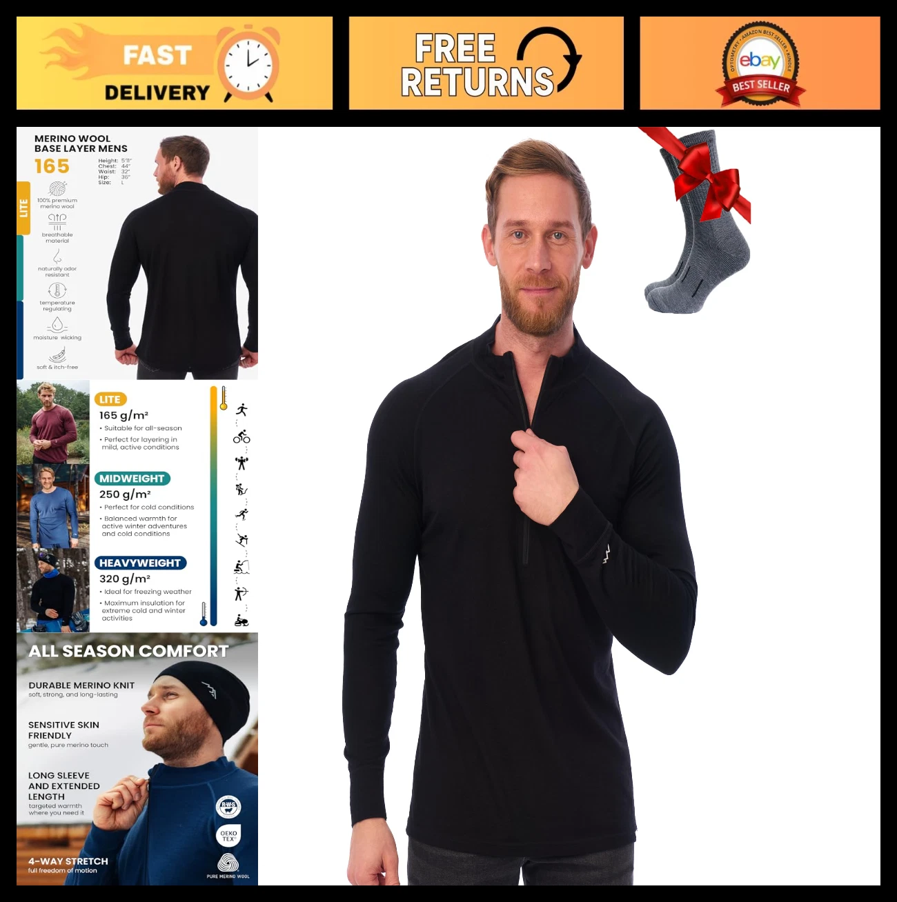 Men's Merino Wool Base Layer - Half Zip Sweater & Quarter Zip Lite/Midweight/Soc