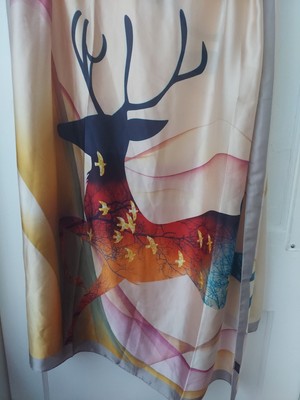 100% Silk Feeling Polyester Scarf Shoulder Wrap Shawl Deer & Doves 35''x70'' VGUC