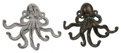 Octopus Key Hooks White & Gold Distressed Cast Iron Set Ocean Animal Home Decor