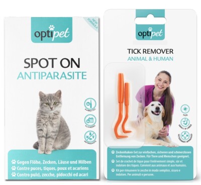 OptiPet Spot On Katze 1x + Zeckenzange 1x gegen Zecken, Milben, Flöhe und Läuse