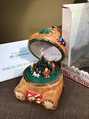 Mr Christmas Porcelain Teddy Bear Hinged Music Box Animated Plays