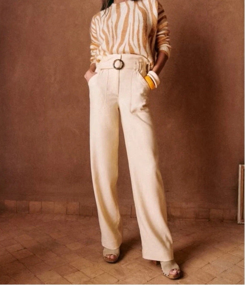 NWT Sezane Silas Trousers sz US FR 40 Cream Belted High Waist Dress  Pants