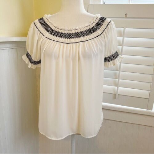 Express NWT White & Black Embroidered Short-Sleeve Smocked Top Size Small - Picture 1 of 6