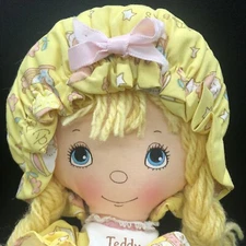 Vtg Teddy Beddy Bye Baby Doll Cloth Rag Doll Blonde Yarn Hair Braids 1980 Amtoy