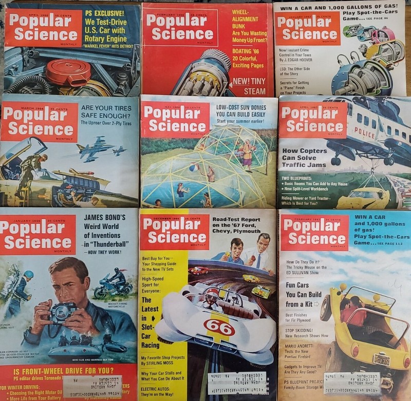 LOT OF 9 VINTAGE 1966-67 POPULAR SCIENCE MAGAZINES - SEAN CONNERY AS BOND, MARIO