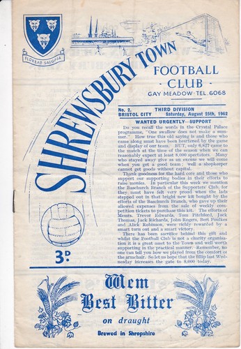SHREWSBURY TOWN V BRISTOL CITY 3RD DIVISION 25/8/62
