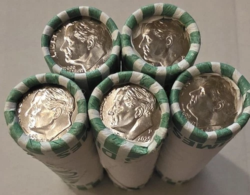 2025 P Roosevelt Dime Five (5) OBW Bank Rolls 250 Total Coins BU UNC