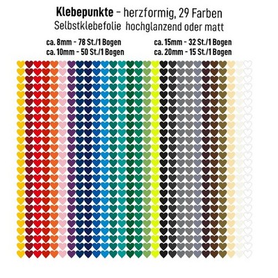 Klebepunkte  herzformig 8 10 15 20 mm glanz matt Aufkleber 29 Farben auswahlbar