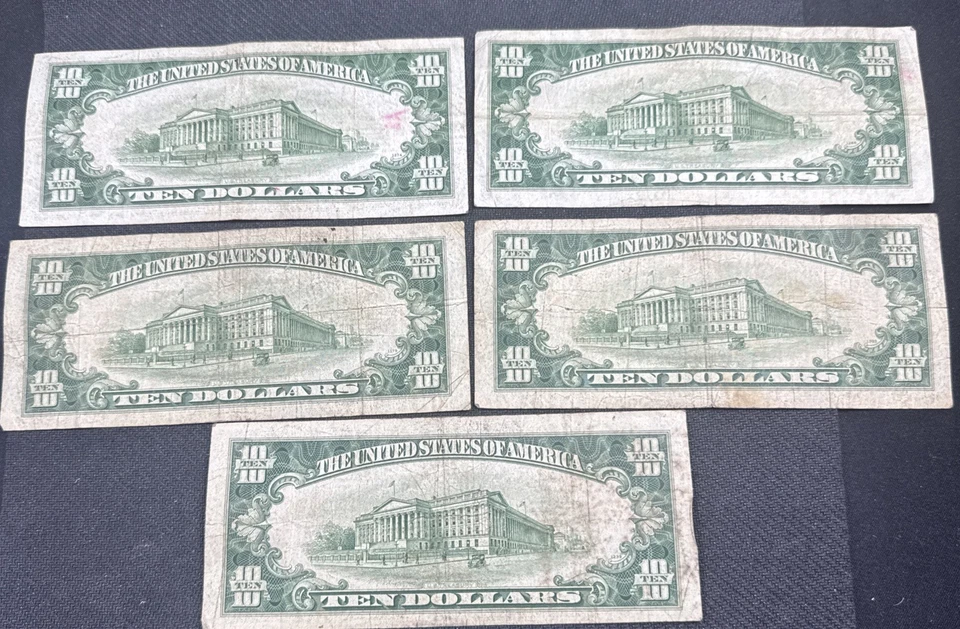 1934-D Lot of 5 $10 Dollar Bill Federal Reserve Note FRN Boston + Cleveland - Image 2 of 2