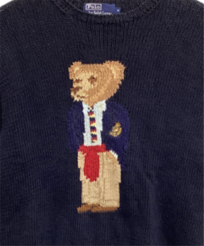 POLO BEAR Ralph Lauren Hand Knit Sweater Vintage 90s Navy M Size Men’s USED - Image 1