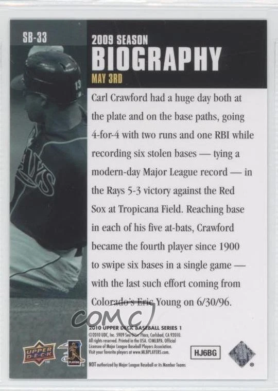 2010 Upper Deck Season Biography Carl Crawford #SB-33 - Image 2 of 2