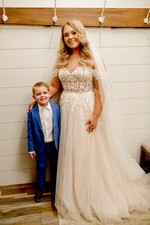 Ivory Champagne Lace Tulle Off-Shoulder A-Line Ball Gown Wedding Dress