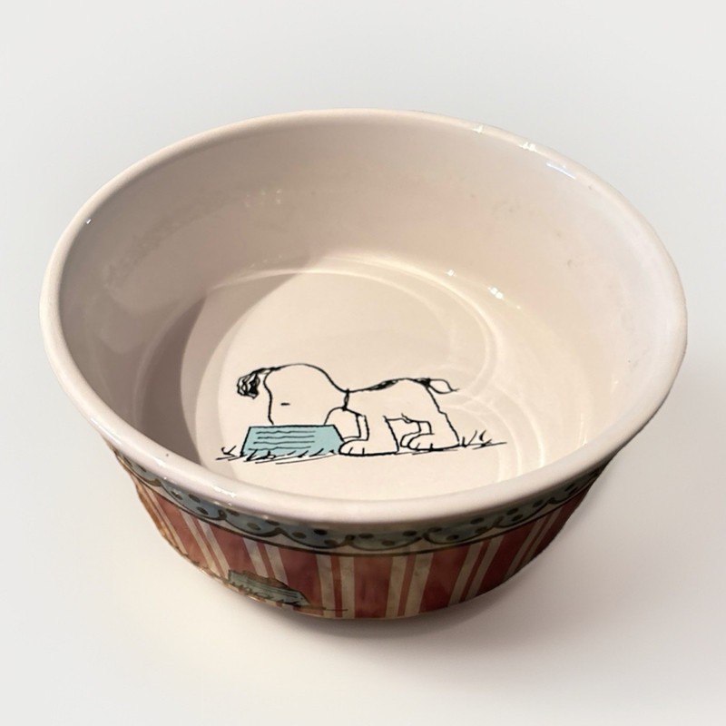Gibson USA Peanuts Snoopy Ceramic Dog Bowl Dish 5" Pink Stripes