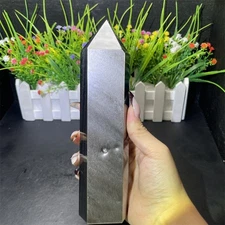 1.7LB 7.8" Natural Silver obsidian Obelisk Tower Cyrstal Quartz Point Reiki