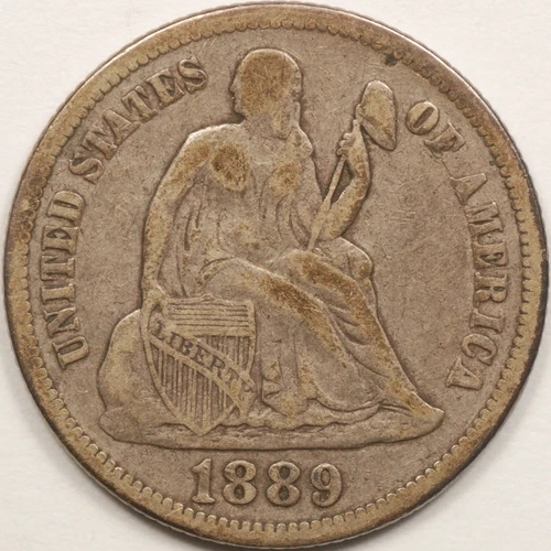 1889 Seated Liberty Silver Dime. Original Toning and VF. FREE SHIPPING