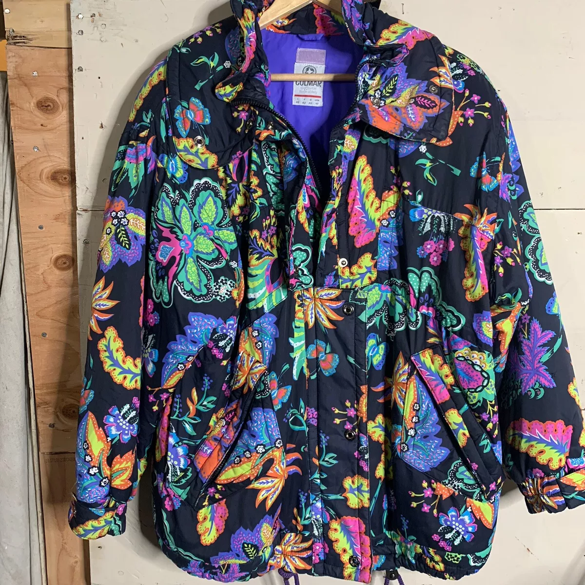 VTG 80s 90s Colmar Jacket Rainbow Floral Neon Coat Retro Padded Jacket Size 10