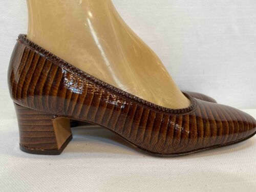 NOS 6.5 B VTG 70s Brown Leather Shoe Chunky Block Heel Pumps SNAKE Print - Picture 2 of 7