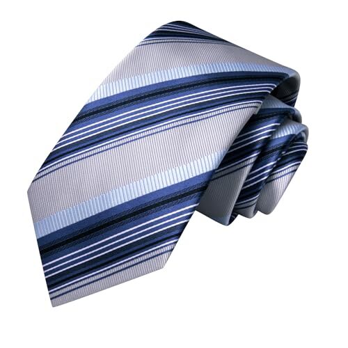 Men Ties Set Woven Necktie and Lpel Pin Pocket Square Blue Grey Stripe - Picture 5 of 6