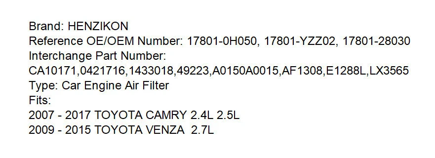 For 2009 - 2015 Toyota Venza 2.7L Air Filter 17801-YZZ02 17801-28030 178010H050 Foto 2 de 4