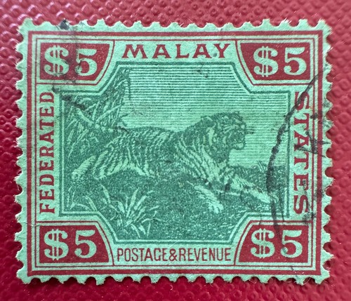 Malaya Federated Malay States FMS 1934 Tiger $5 Fine Used SG#81 M6118 - Picture 2 of 6