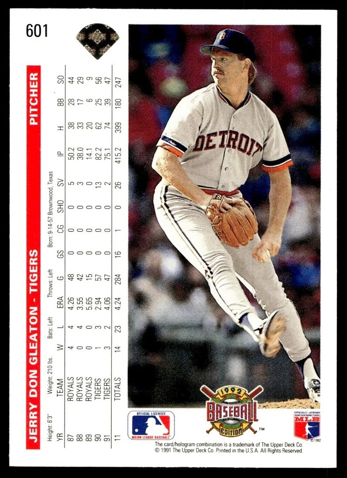 1992 Upper Deck Jerry Don Gleaton Detroit Tigers #601 - Image 2 of 2