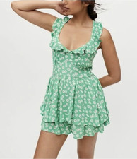 Urban Outfitters M Emilia Ruffle Romper Green Floral Daisy Open Tie Back NEW