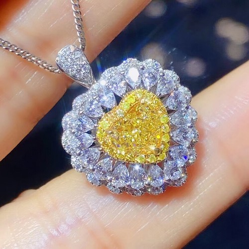 European Love Heart Yellow Citrine Topaz Gems Silver Charm Women Girl Necklace - Picture 3 of 6