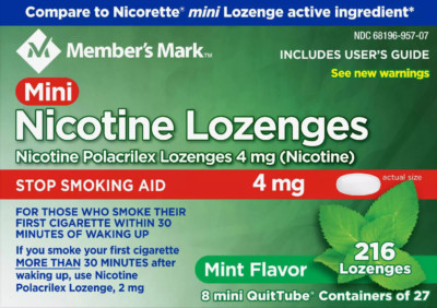 Member's Mark Mini Nicotine Polacrilex 4mg Stop Smoking Aid, Mint, 216 Lozenges