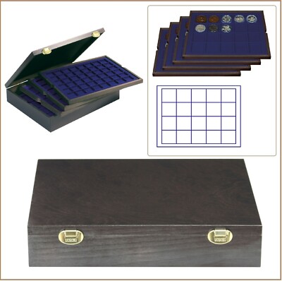 LINDNER 2494-2M CARUS-4 Holz Münzkassette 4 Tableaus blau 47 mm Für 80 Münzen