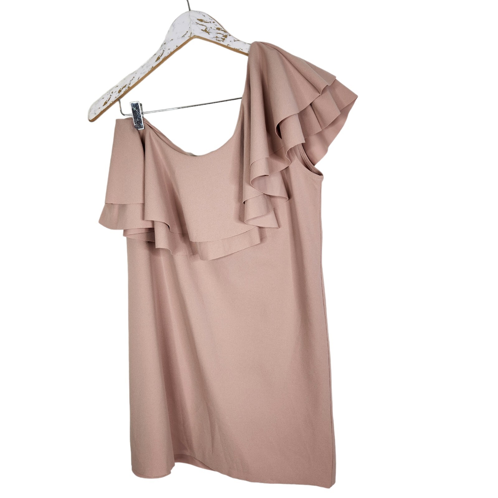 MANGO Dress Womens Medium Pink Villa Asymmetrical Ruffle One Shoulder Dress thumbnail 4