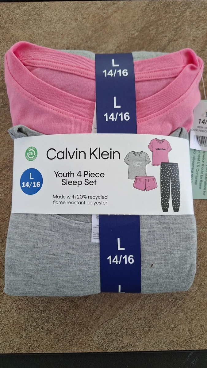 Calvin Klein Youth Girls 4 Piece Sleep Pajama Set Pink Charcoal