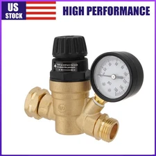 Brass RV Water Pressure Regulator with Gauge - Adjustable Reducer Valve