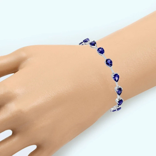 Blue Sapphire Pear Shape Gemstone Tennis Bracelet Lab Created 14k Wh Gold Plated - Picture 5 of 6