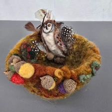 Handmade Wool Felted Bird Nest Bowl / Owl & Feather Autumn Colors Acorn Decor 5"