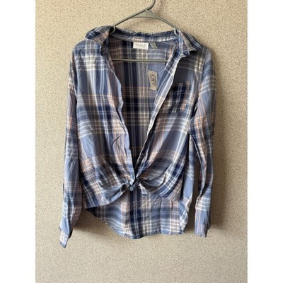 The Childrens Place Girls Plaid Tie Front Button Down Shirt Cloudy Blue Size 18